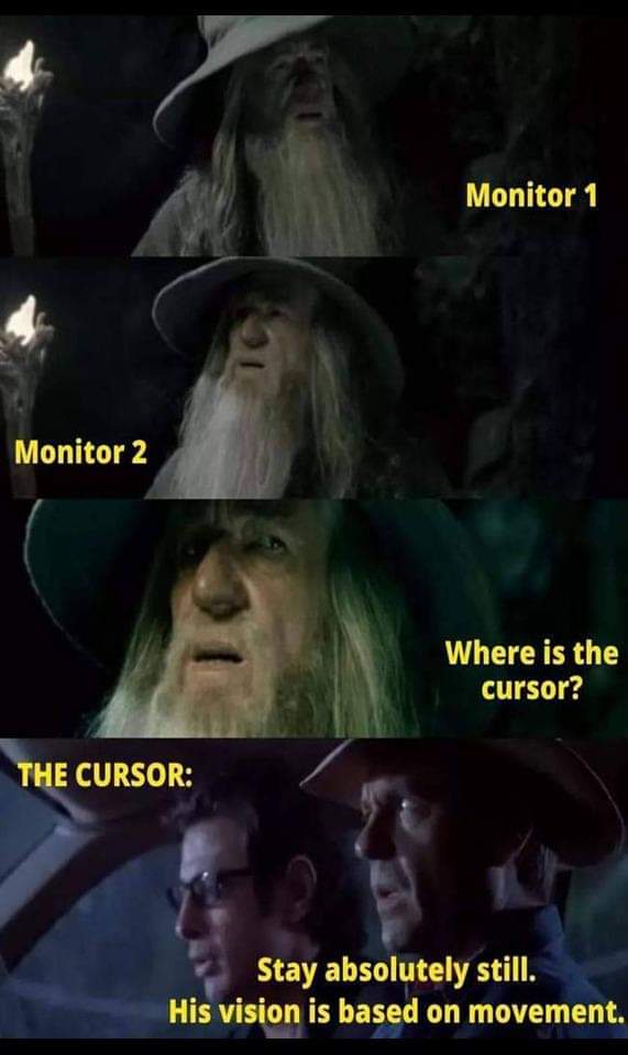 Funny Lord of the Rings + Jurassic Park meme Monitor 1... Monitor 2... Where is the cursor? The cursor: Stay absolutely still. His vision is based on movement.