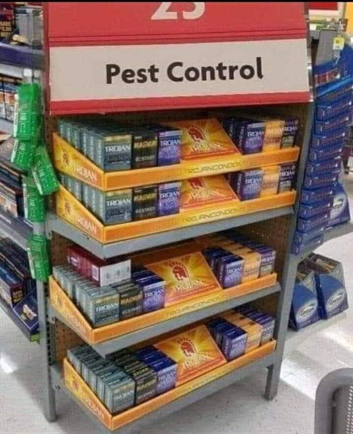 Funny pest control meme shows condoms with "pest control" label