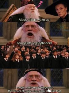 Albus. Albus wake up! Ten points to Gryffindor!! I mean.. welcome to Hogwarts, the school of magic and other shit like that