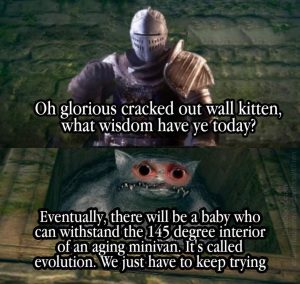 Funny meme Oh glorious cracked out wall kitten, what wisdom have ye today? Eventually, there will be a baby who can withstand the 145 degree interior of an aging minivan. It's called evolution. We just have to keep trying