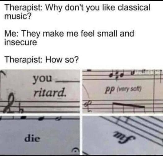 Meme Therapist: Why don't you like classical music? Me: They make me feel small and insecure Therapist: How so? you ritard. pp (very soft) die mf