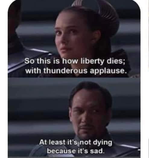 Funny Star Wars meme. Padme says "So this is how liberty dies; with thunderous applause." Senator Organa says "At least it's not dying because it's sad."