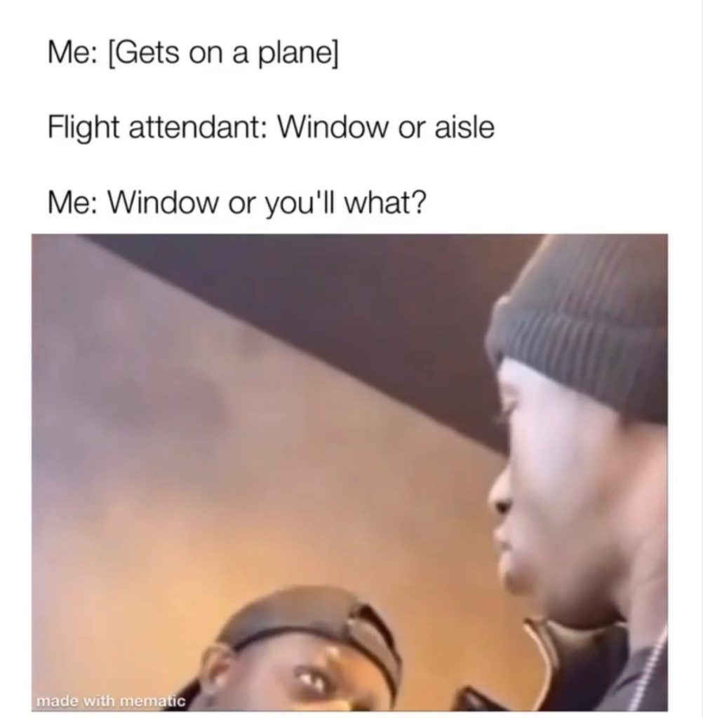 Funny meme says "Me:[Gets on a plane] Flight attendant: Window or aisle? Me: Window or you'll what?