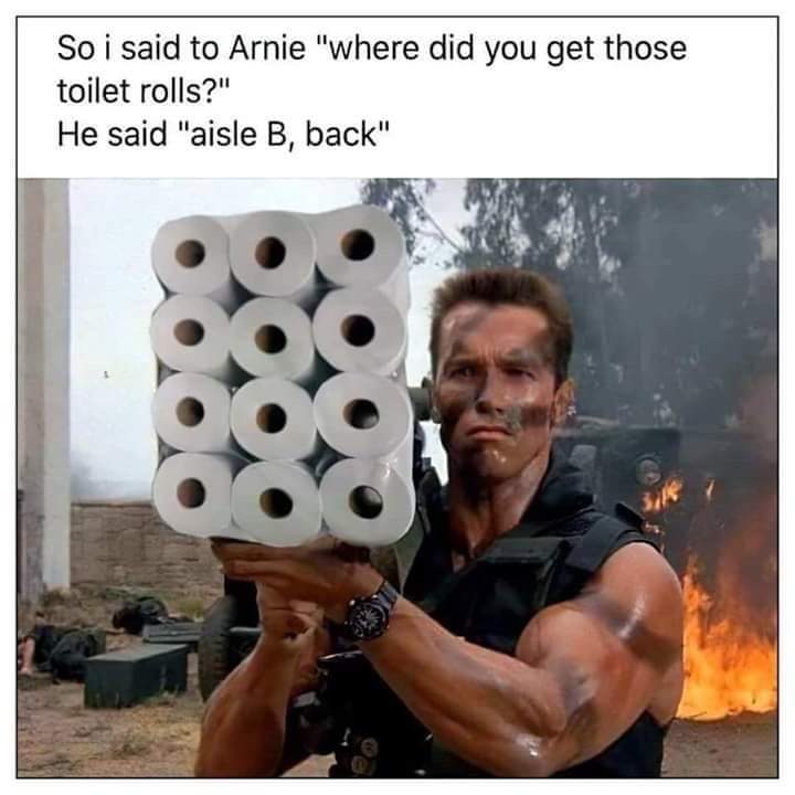 funny meme. Arnold Schwarzenegger holding toilet roll missile launcher. "So I said to Arnie "Where did you get those toilet rolls?" He said "Aisle B, back"