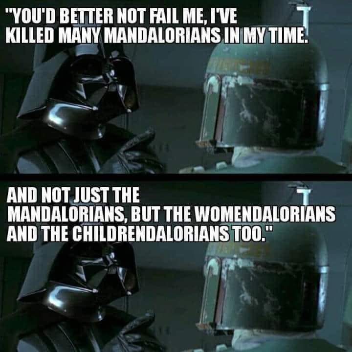 A humorous Star Wars meme featuring an image of Darth Vader and Boba Fett. Darth Vader is warning Boba Fett not to fail him, with the caption "You'd better not fail me, I've killed many Mandalorians in my time. And not just the Mandalorians, but the Womendalorians and the Childrendalorians too." The meme references the popular Star Wars spinoff show, "The Mandalorian," and showcases the iconic characters from the franchise in a comedic light.