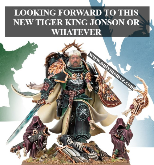 Funny Warhammer meme. Image of Lion El'Jonson but with Tiger King Joe Exotic's head. Says "Looking forward to this new Tiger King Jonson or whatever."