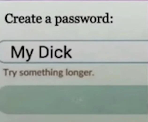 Funny dick meme shows image of password creation screen. Screen says "Create a password:" User enters words "My Dick" Prompt says "Try something longer."