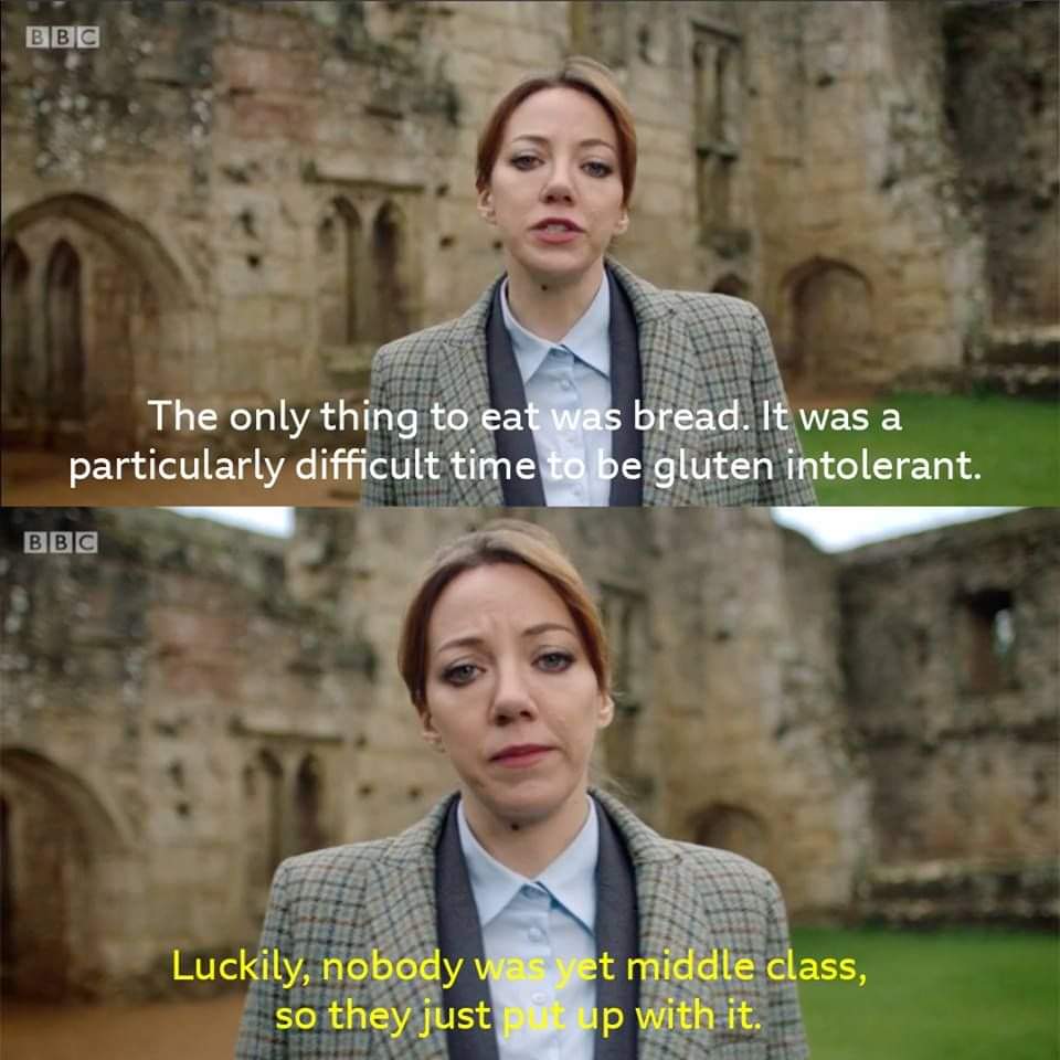 A two-panel meme featuring Philomena Cunk. The first panel shows her holding a piece of bread with a caption that reads, "The only thing to eat was bread. It was a particularly difficult time to be gluten intolerant." The second panel shows her with a resigned expression, and the caption reads, "Luckily, nobody was yet middle class so they just put up with it." This humorous meme satirizes the food scarcity and social class divide in a historical context, showcasing British humor and wit. Keywords: Philomena Cunk, bread, gluten intolerance, middle class, meme, British humor, satire, social class, food scarcity, historical humor.