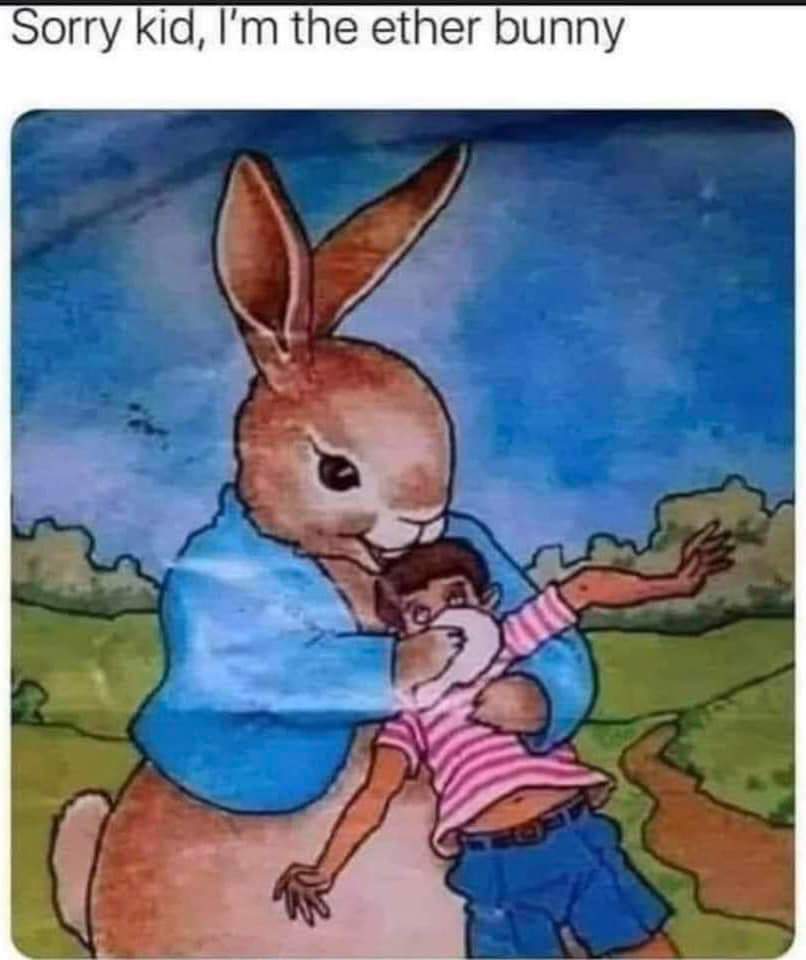 Funny dark humor jokes meme of the Easter bunny chloroforming a kid.