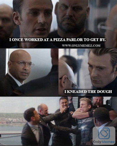 Funny Dad Joke meme shows captain America telling a Dad joke that says "I once worked at a pizza parlor to get by. I kneaded the dough."