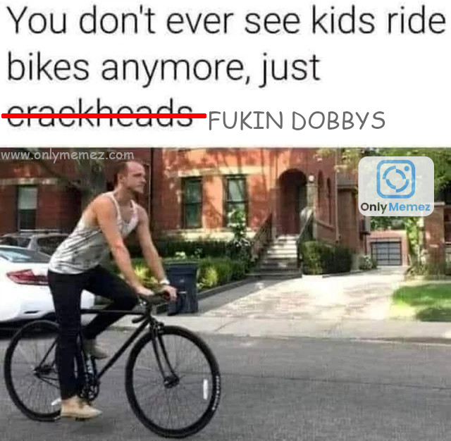 Funny Dobby Meme shows image of derelict riding a bike and says "You don't ever see kids ride bikes anymore, just fukin dobbys."