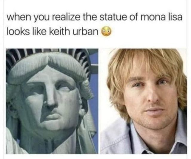 Funny Owen Wilson meme. Shows images of the statue of liberty and Owen Wilson. The text says "When you realize the statue of Mona Lisa looks like Keith Urban".