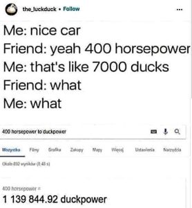 Funny meme says "Me: Nice car. Friend: Yeah 4000 horsepower. Me: That's like 7000 ducks. Friend: What? Me: What?"