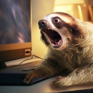 funny wifi sloth ONLY memeZ shows image of confused sloth screaming at computer
