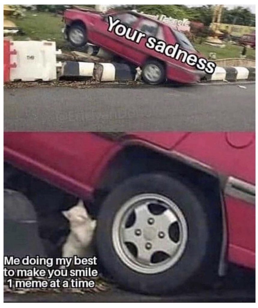 Wholesome work meme portraying a comforter trying to make someone smile upon a sad day.