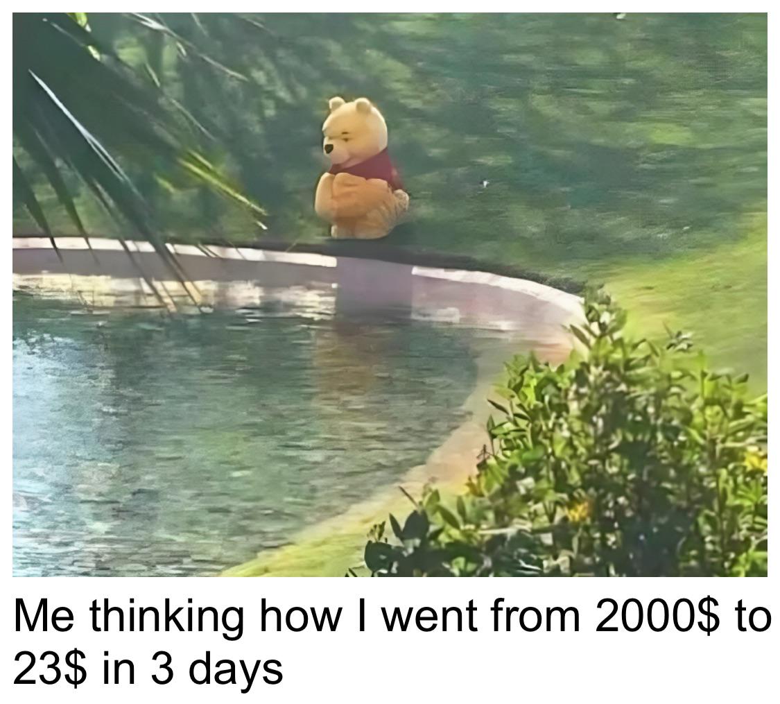 A Fast Spending Anxiety Meme - an image depicting 'me thinking how I went from 2000 dollars to 23 dollars in 3 days'.